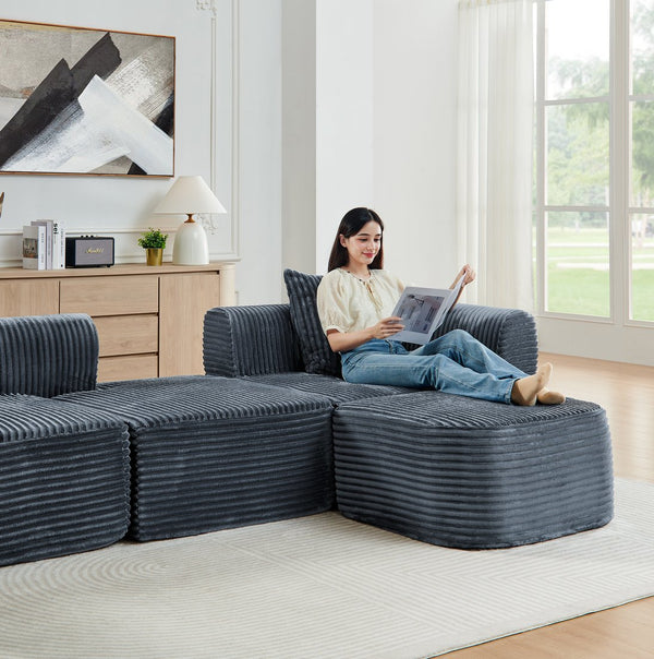 English Elm 114" Cloud Sectional Couch with L-Shape Chaise Modular Corduroy Sofa with Movable Ottoman, No Assembly Required, Plush Comfort for Living Spaces Grey W1117P371652