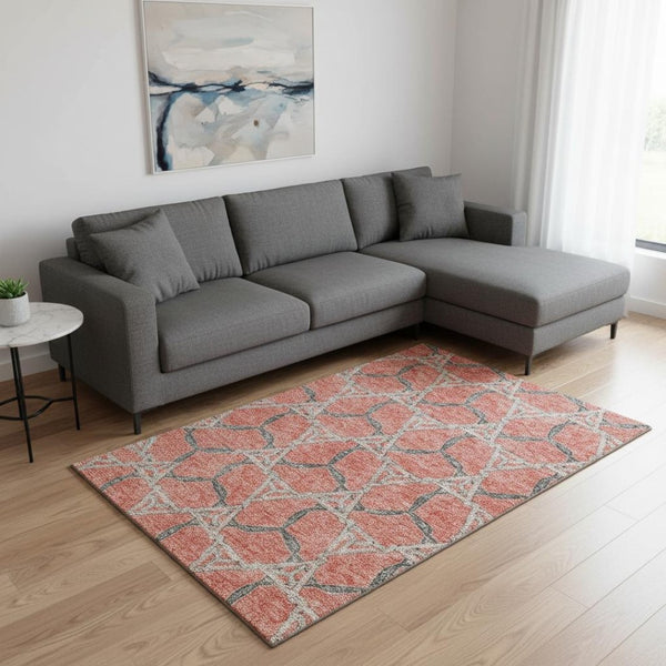 HomeRoots 10' X 14' Coral Beige Taupe Geometric Area Rug - Washable, UV Protected, Durable Design for High-Traffic Areas 675990