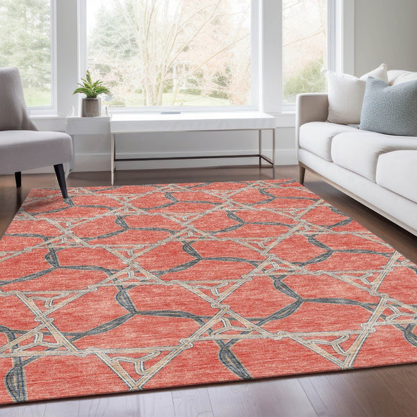HomeRoots 10' X 14' Coral Beige Taupe Geometric Area Rug - Washable, UV Protected, Durable Design for High-Traffic Areas 675990