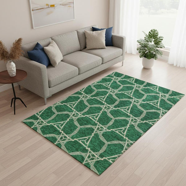 HomeRoots 5' X 8' Stylish Emerald Gray & Beige Geometric Area Rug – Washable, Durable, UV Resistant Design 675992