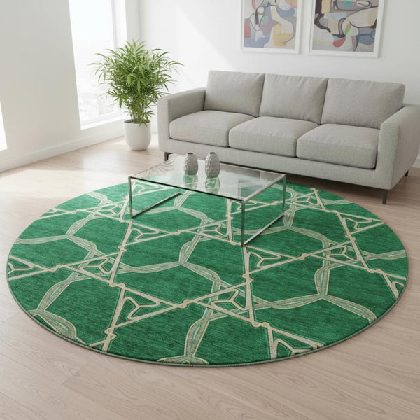 HomeRoots 8' Stylish Emerald Gray & Beige Geometric Washable Round Rug with UV Protection for High Traffic Areas 675993