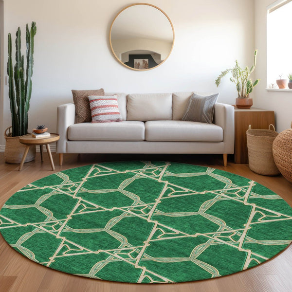 HomeRoots 8' Stylish Emerald Gray & Beige Geometric Washable Round Rug with UV Protection for High Traffic Areas 675993
