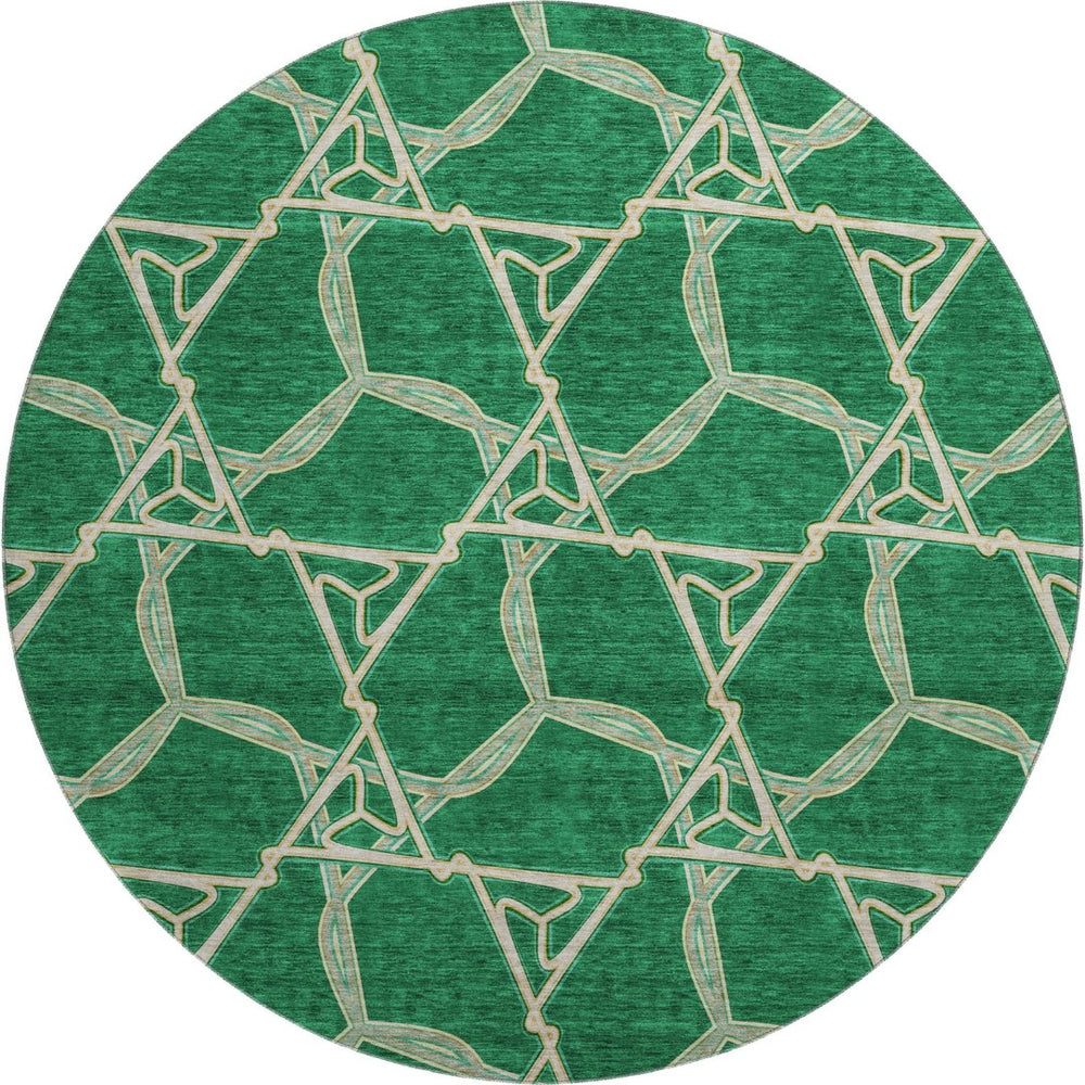 HomeRoots 8' Stylish Emerald Gray & Beige Geometric Washable Round Rug with UV Protection for High Traffic Areas 675993