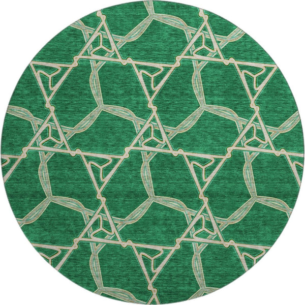 HomeRoots 8' Stylish Emerald Gray & Beige Geometric Washable Round Rug with UV Protection for High Traffic Areas 675993