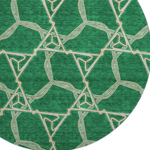 HomeRoots 8' Stylish Emerald Gray & Beige Geometric Washable Round Rug with UV Protection for High Traffic Areas 675993