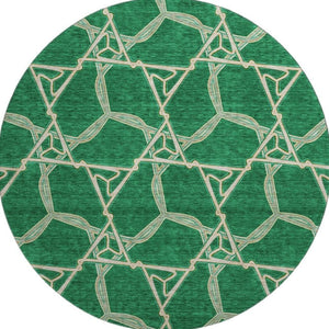HomeRoots 8' Stylish Emerald Gray & Beige Geometric Washable Round Rug with UV Protection for High Traffic Areas 675993