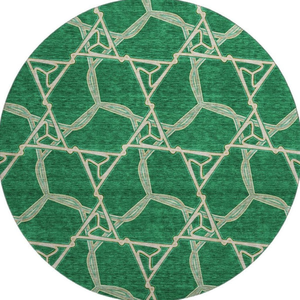 HomeRoots 8' Stylish Emerald Gray & Beige Geometric Washable Round Rug with UV Protection for High Traffic Areas 675993