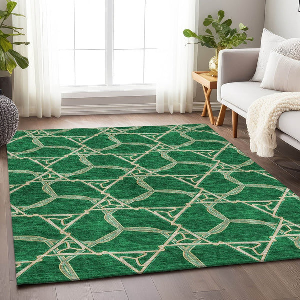 HomeRoots 8' X 10' Modern Emerald Gray & Beige Geometric Washable Area Rug with UV Protection & Soft Touch 675994