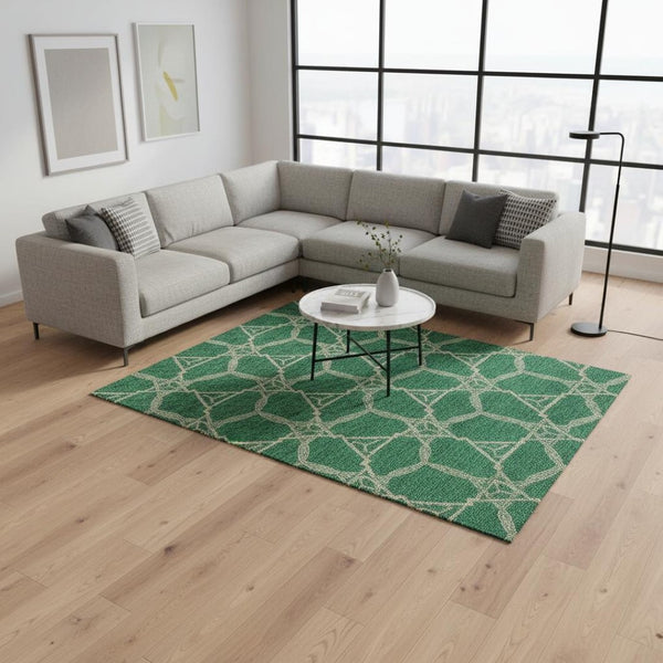 HomeRoots 9' X 12' Stylish Emerald Gray & Beige Geometric Washable Area Rug with Stain Resistance & UV Protection 675995