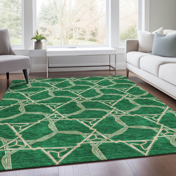 HomeRoots 9' X 12' Stylish Emerald Gray & Beige Geometric Washable Area Rug with Stain Resistance & UV Protection 675995