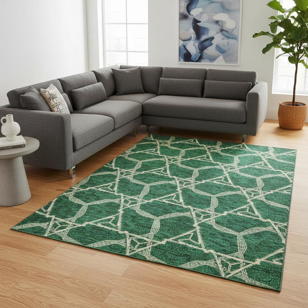 HomeRoots 10' X 14' Emerald Gray & Beige Geometric Area Rug – Durable, Stain-Resistant, UV Protected Style! 675996