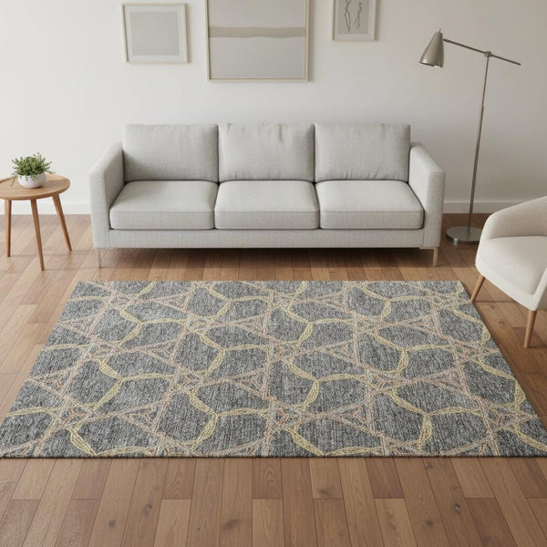 HomeRoots 5' Geometric Washable Area Rug in Gray, Green & Beige - UV Protected for High-Traffic Homes! 675998