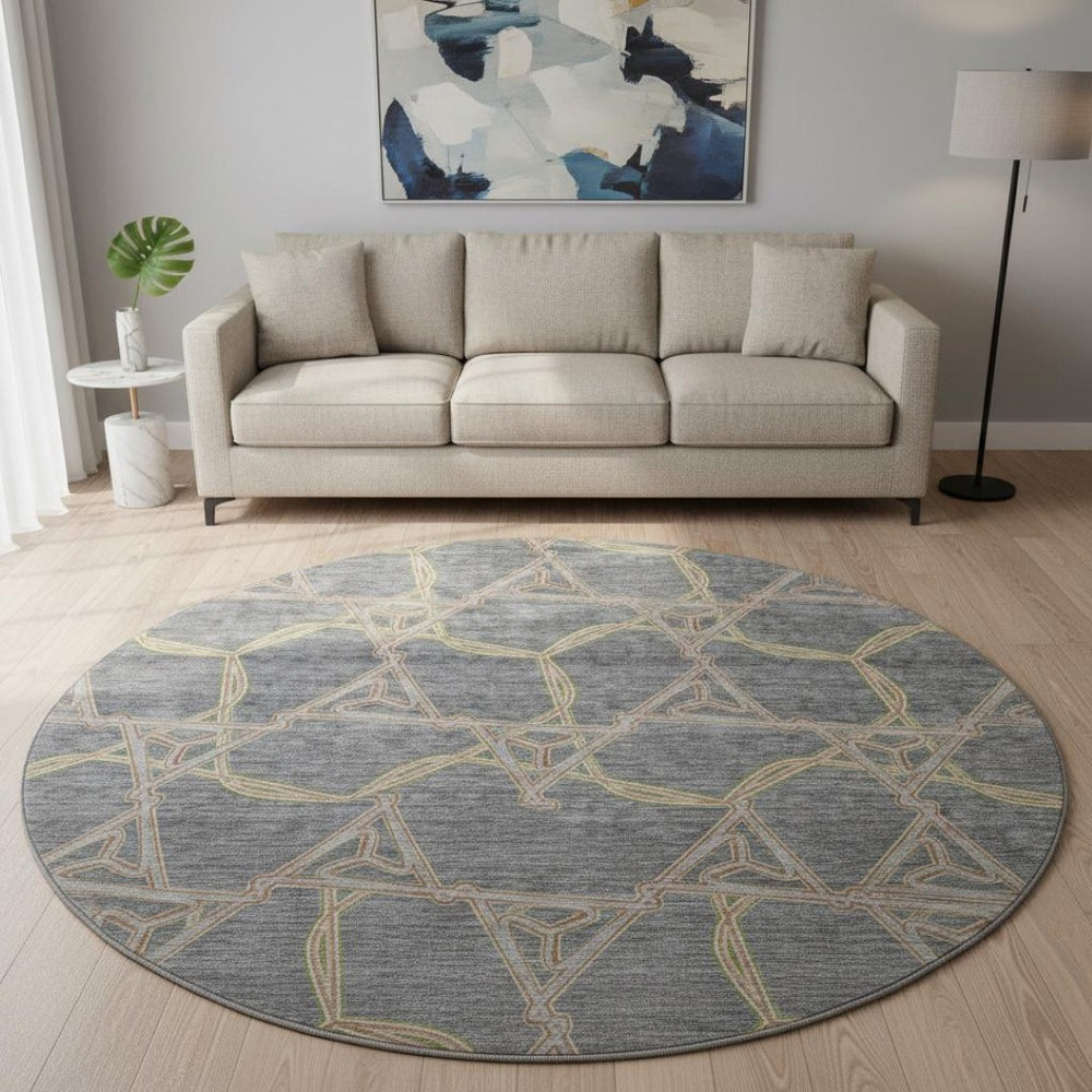 HomeRoots 8' Gray Green And Beige Geometric Washable Round Rug – Durable, Stain Resistant, UV Protected Design 675999