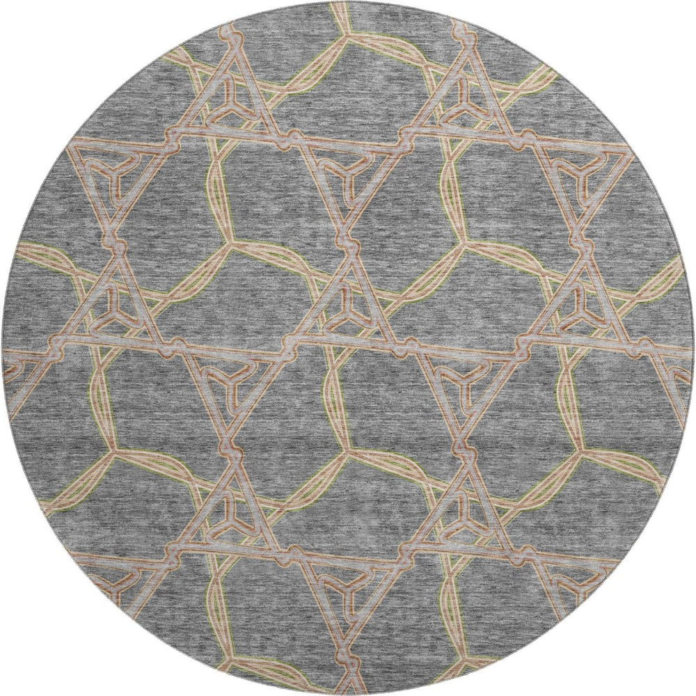 HomeRoots 8' Gray Green And Beige Geometric Washable Round Rug – Durable, Stain Resistant, UV Protected Design 675999