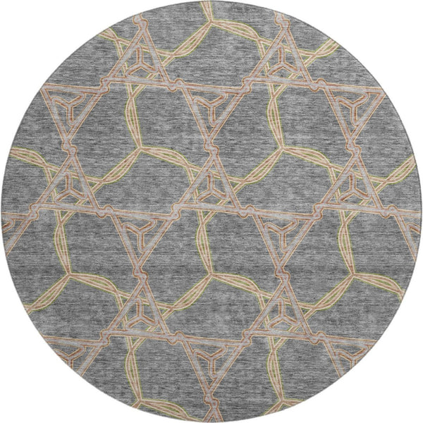 HomeRoots 8' Gray Green And Beige Geometric Washable Round Rug – Durable, Stain Resistant, UV Protected Design 675999