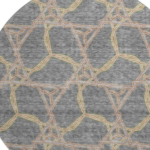 HomeRoots 8' Gray Green And Beige Geometric Washable Round Rug – Durable, Stain Resistant, UV Protected Design 675999