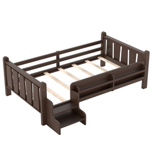 English Elm Twin Pine Floor Bed for Kids with Side Bookcases Built-in Stairs and Safety Guardrails Espresso W1580P390217