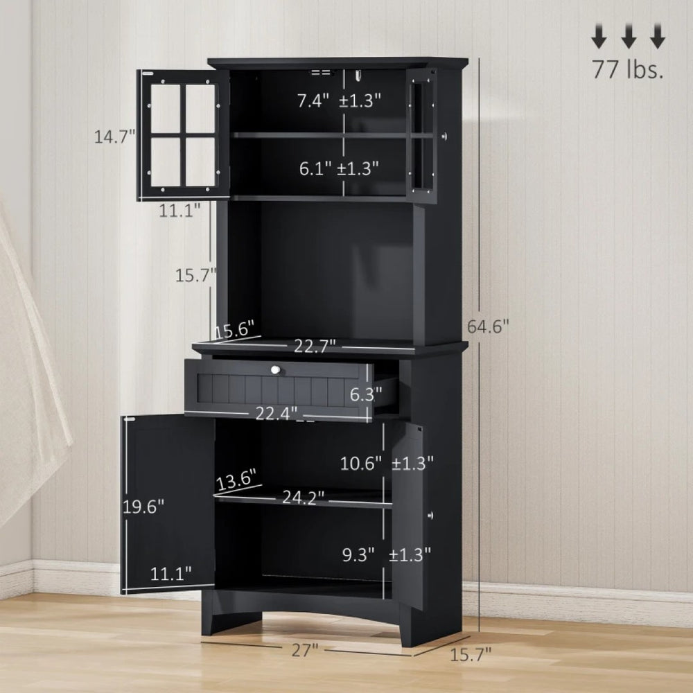 English Elm Home Freestanding Pantry Cabinet Matte Black Beadboard Glass Doors Kitchen Storage T3971P465463