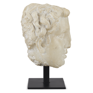 Greek Princess Head Fragment Sculpture - Aged Beige Artistry on Black Metal Base for Timeless Decor