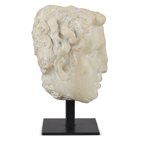 Greek Princess Head Fragment Sculpture - Aged Beige Artistry on Black Metal Base for Timeless Decor