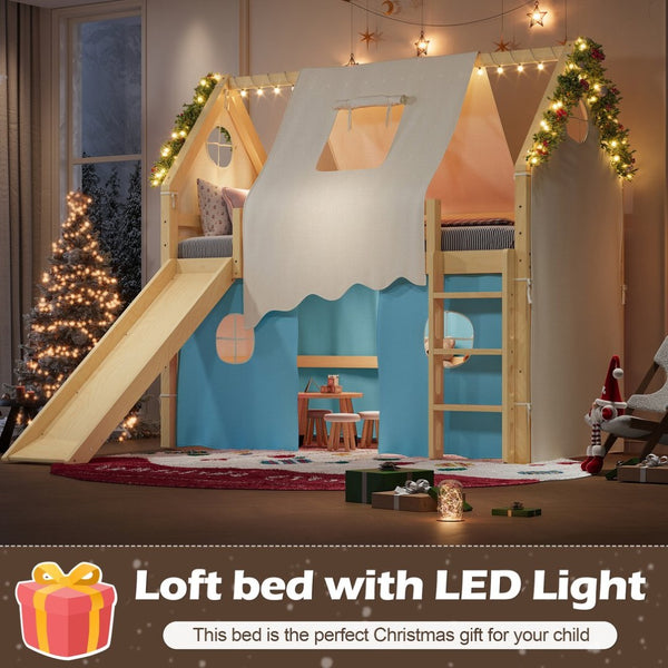 English Elm Twin Pine Loft Bed with House Frame Tent Led Lights Slide and Floor Space Below W1580S00290