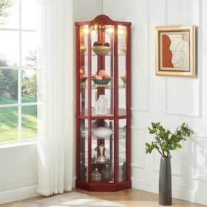 English Elm Lighted Glass Display Cabinet - Elegant Corner Curio With Adjustable Shelves & Integrated Lighting W1758P300136