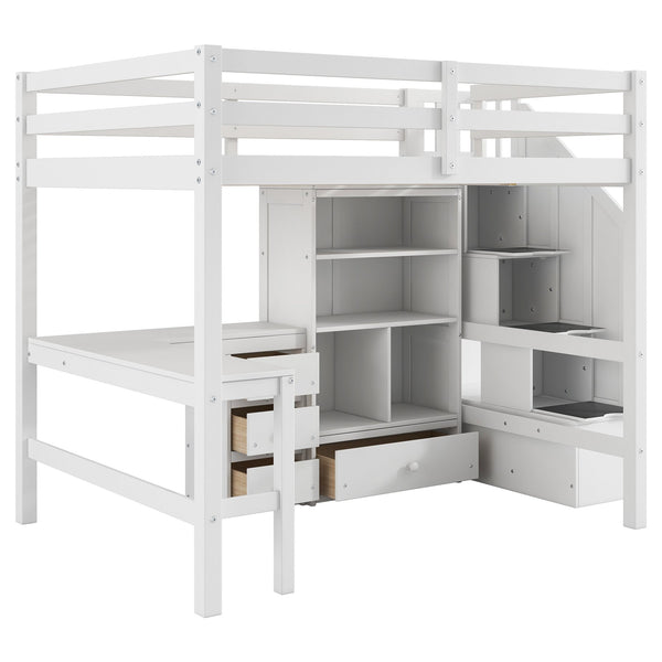 English Elm Full Full Size Loft Bed with L-Shaped Desk, Drawers, Cabinet and Staircase Storage for Space-Saving Rooms White GX000469AAK