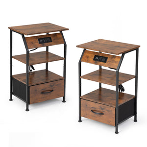 English Elm Set of 2 Nightstands with Built-In USB & Outlet Charging Station, Fabric Drawers, Open Shelves for Bedroom Rustic Brown W2181P191358