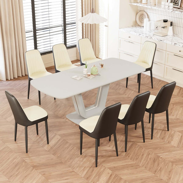 English Elm 62.99-78.74" Expandable Farmhouse Dining Set 9 Piece Mdf Table with 8 Pu Leather Chairs Beige+Grey,Black W2189S00835