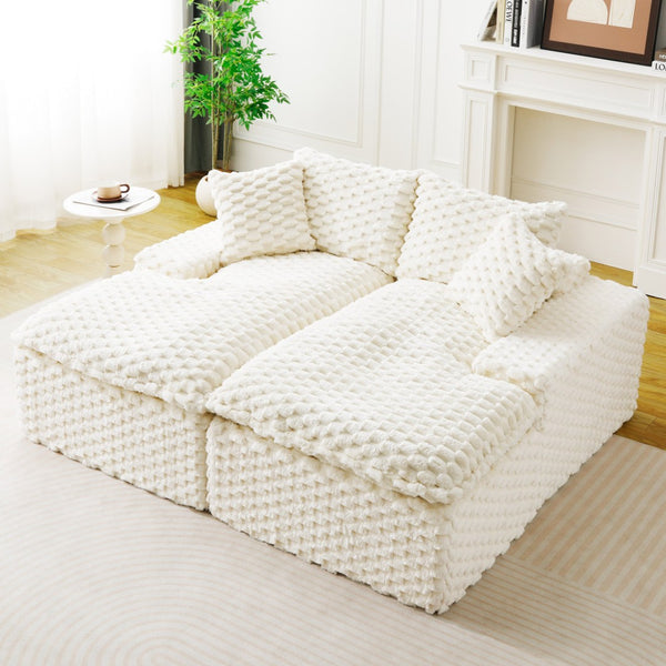 English Elm White Turtle Velvet Double Chaise Lounge - Plush Modular Sofa With Compressed Sponge & Pillows W3371S00038-GIGA