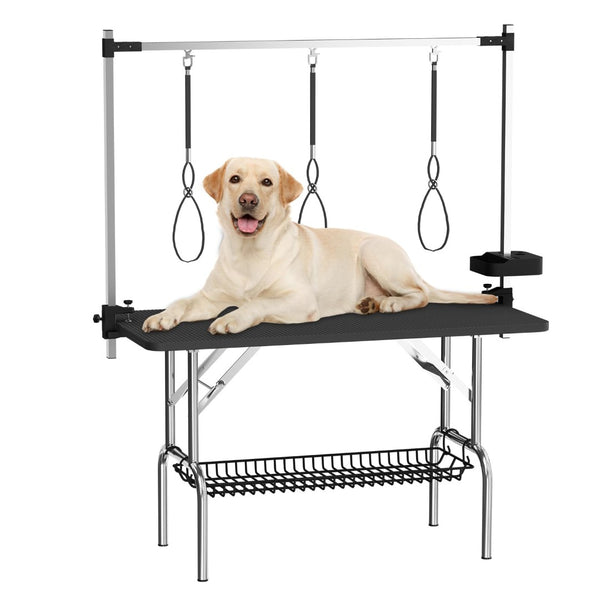 English Elm 47'' Stainless Steel Foldable Pet Grooming Station with Adjustable Arm Noose Mesh Tray Black W3587P462651