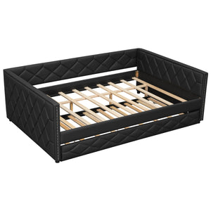 English Elm Full XL Upholstered Daybed with Trundle and Built-In LED Lighting, Tufted Arms, Solid Wood Frame Black N7090000611B