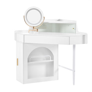 English Elm Corner Makeup Vanity Desk with 360° Rotating LED Mirror, Adjustable Brightness, L-Shaped Corner Design and Pull-Out Storage for Small Spaces White N844P263663A