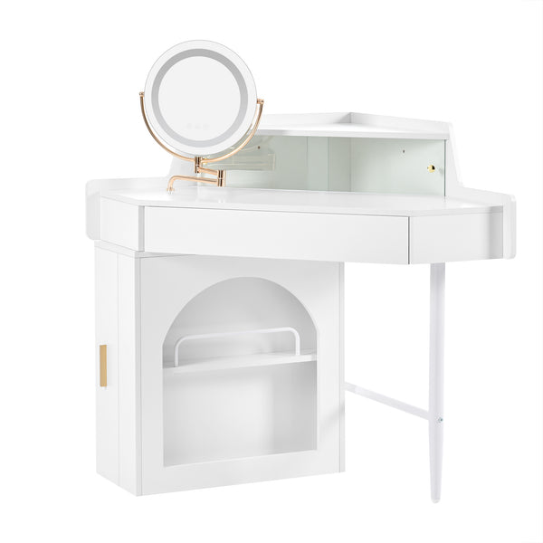 English Elm Corner Makeup Vanity Desk with 360° Rotating LED Mirror, Adjustable Brightness, L-Shaped Corner Design and Pull-Out Storage for Small Spaces White N844P263663A