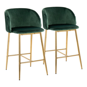 English Elm Fran Pleated Counter Stool Set Of 2: Luxurious Green Velvet & Gold Metal For Glamorous Spaces B202S00272