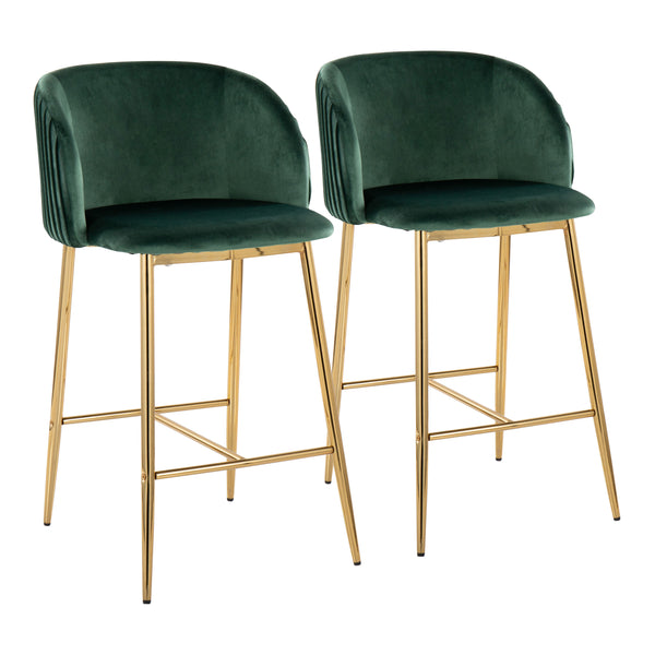 English Elm Fran Pleated Counter Stool Set Of 2: Luxurious Green Velvet & Gold Metal For Glamorous Spaces B202S00272