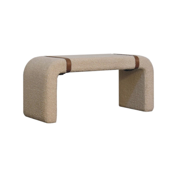 English Elm Boucle Upholstered Entryway Bench with Leather Straps and Mid-century Tapered Frame B182P447431