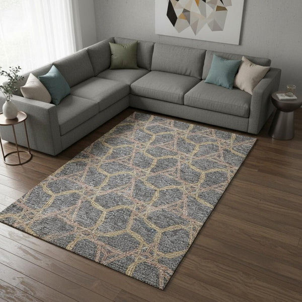 HomeRoots 10' Modern Geometric Washable Area Rug in Gray Green Beige with UV Protection for High-Traffic Rooms 676002