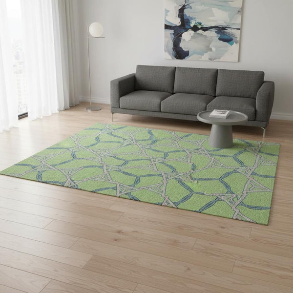 HomeRoots 5' X 8' Vibrant Lime Green, Teal & Ivory Geometric Washable Area Rug with UV Protection & Durability 676004