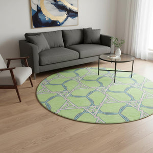 HomeRoots 8' Modern Geometric Washable Round Rug in Lime Green, Teal & Ivory – UV Protected & Easy Care 676005