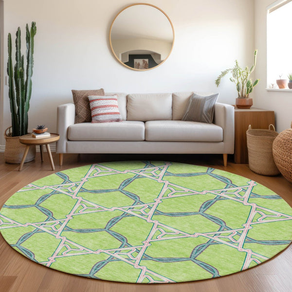 HomeRoots 8' Modern Geometric Washable Round Rug in Lime Green, Teal & Ivory – UV Protected & Easy Care 676005
