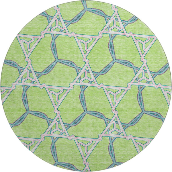 HomeRoots 8' Modern Geometric Washable Round Rug in Lime Green, Teal & Ivory – UV Protected & Easy Care 676005