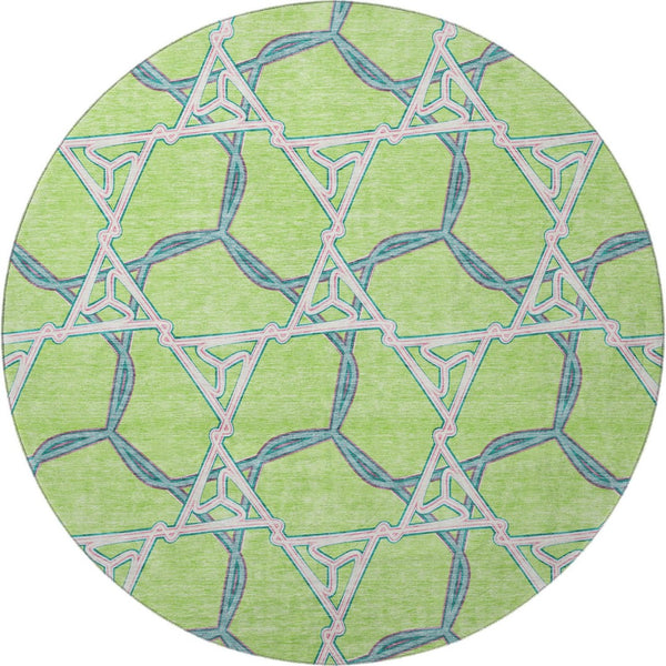 HomeRoots 8' Modern Geometric Washable Round Rug in Lime Green, Teal & Ivory – UV Protected & Easy Care 676005