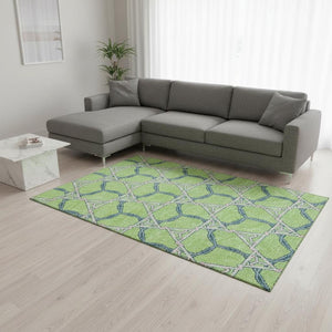 HomeRoots 9' X 12' Vibrant Lime Green, Teal, and Ivory Geometric Washable Area Rug with UV Protection & Durability 676007