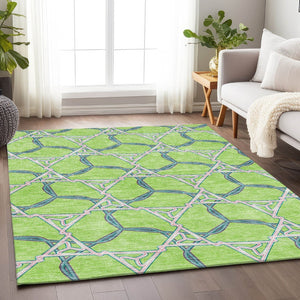 HomeRoots 9' X 12' Vibrant Lime Green, Teal, and Ivory Geometric Washable Area Rug with UV Protection & Durability 676007