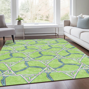 HomeRoots 9' X 12' Vibrant Lime Green, Teal, and Ivory Geometric Washable Area Rug with UV Protection & Durability 676007