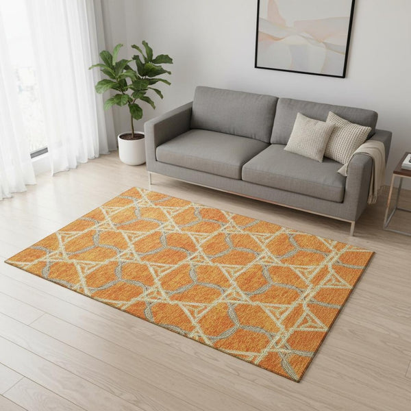 HomeRoots 5' X 8' Vibrant Orange, Ivory, and Blue Geometric Area Rug – Stylish, Washable, UV-Protected Design! 676010