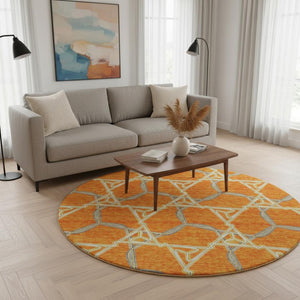 HomeRoots 8' Washable Round Rug in Bold Orange, Ivory & Blue Geometric Design - UV Protection & Stain Resistant 676011