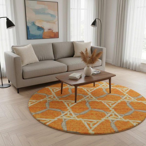 HomeRoots 8' Washable Round Rug in Bold Orange, Ivory & Blue Geometric Design - UV Protection & Stain Resistant 676011