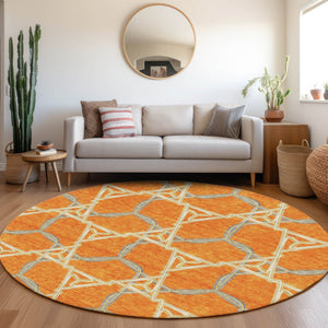 HomeRoots 8' Washable Round Rug in Bold Orange, Ivory & Blue Geometric Design - UV Protection & Stain Resistant 676011